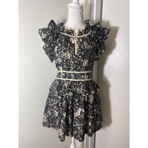 Ulla Johnson Black and Beige Floral Ruffled Romper Sz Tag Missing-fits like S